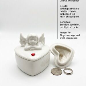 Vintage Porcelain Cherub Heart Trinket Box Red Gem